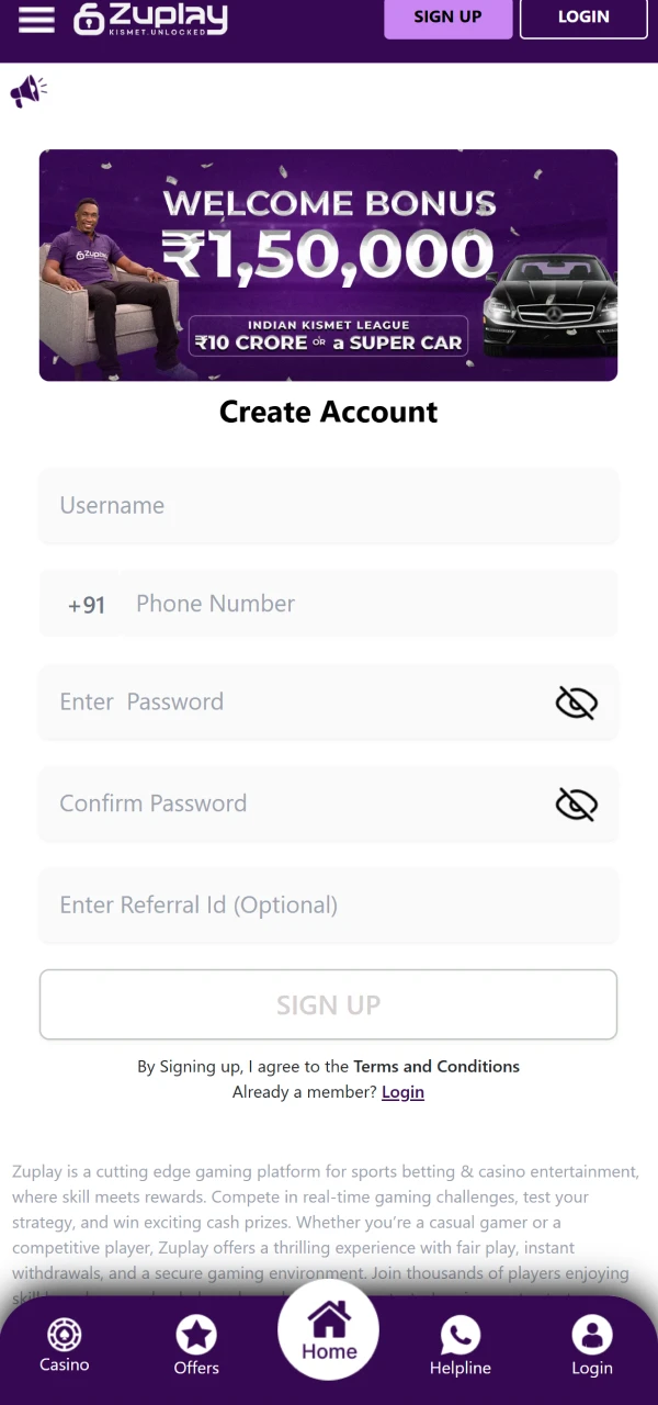 Create your account on the official Zuplay website in just a few steps.